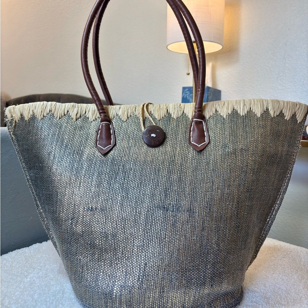 Woven Raffia Tote with Brown Leather Handles